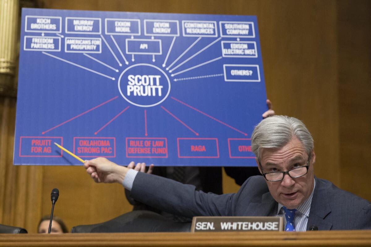Sen. Sheldon Whitehouse (D-R.I.) displays the links between EPA nominee Scott Pruitt and the fossil fuel companies he'd be regulating.
