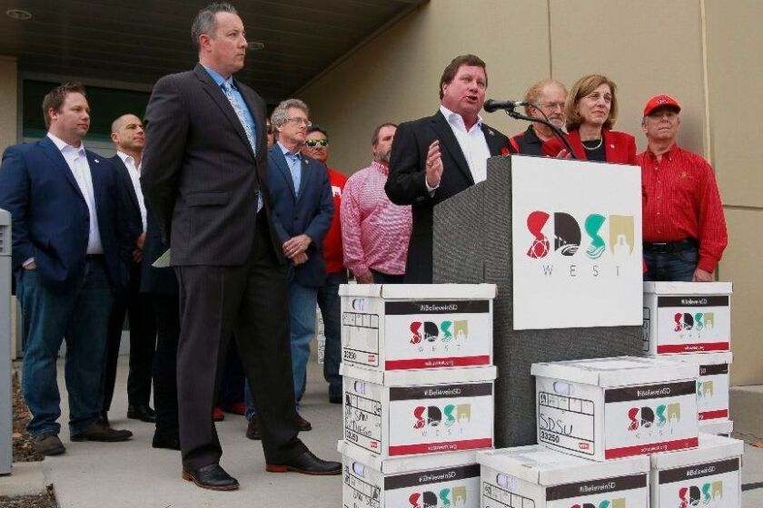 SAN DIEGO, January 16, 2018 | Friends of SDSU steering committee member Fred Pierce speaks before he and other supporters submit boxes of the more than 106,000 signatures by San Diego voters for the SDSU West Initiative to be on the 2018 ballot at the San Diego County Registrar of Voters in San Diego on Tuesday. | Photo by Hayne Palmour IV/San Diego Union-Tribune/Mandatory Credit: HAYNE PALMOUR IV/SAN DIEGO UNION-TRIBUNE/ZUMA PRESS San Diego Union-Tribune Photo by Hayne Palmour IV copyright 2017