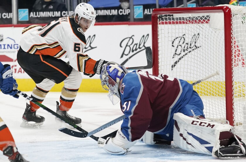 Anaheim Ducks center Troy Terry scores a goal on a snipe past Colorado Avalanche goaltender Philipp Grubauer.