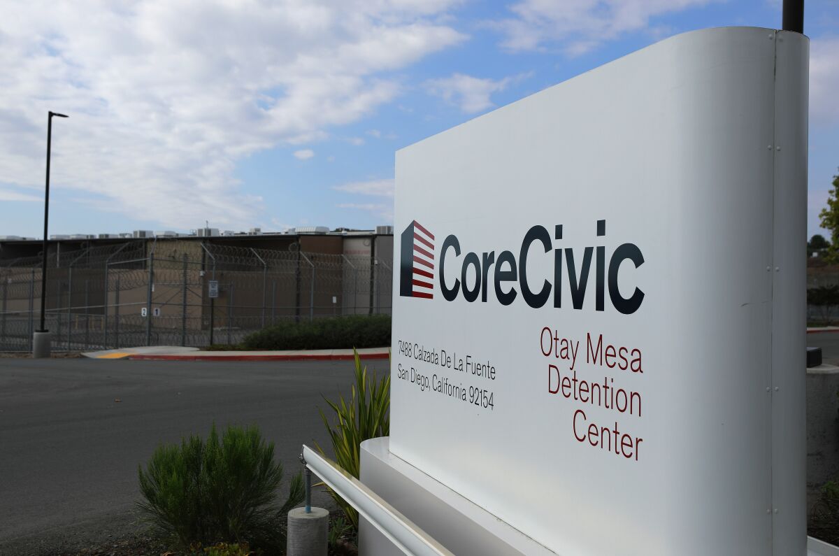 Sign for the Otay Mesa Detention Center, run by Core Civic.