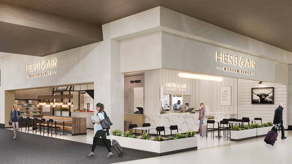 Rendering of Brian Malarkey's airport venue — Herb & Air, a micro food hall