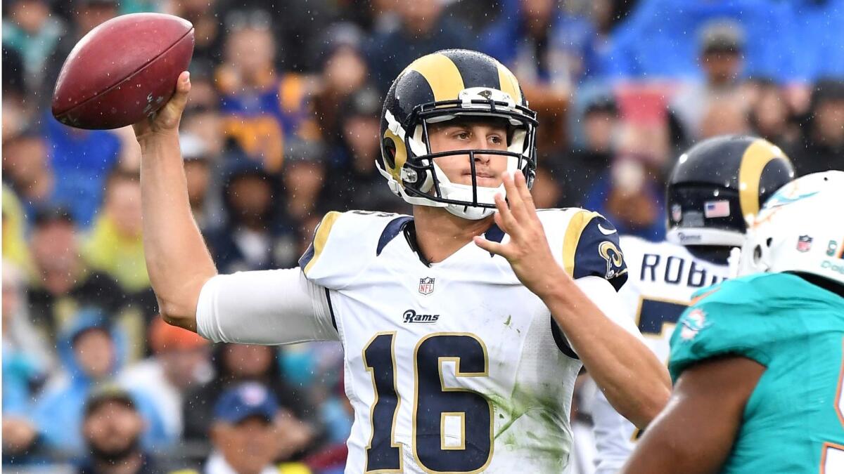 Rams quarterback Jared Goff has a completion rate of 53.5% this season, with five touchdown passes and seven interceptions.