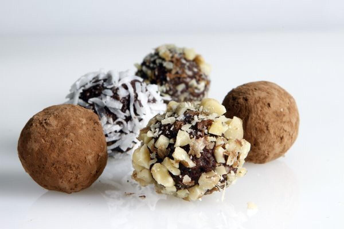 Chocolate haroset truffles rolled in nuts, cocoa powder and coconut.