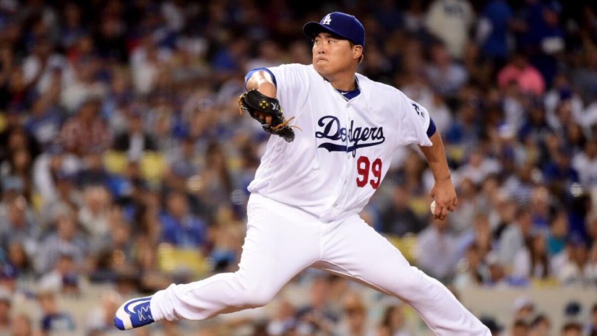 Dodgers left-hander Hyun-Jin Ryu pitches against the Padres during a game on July 7.