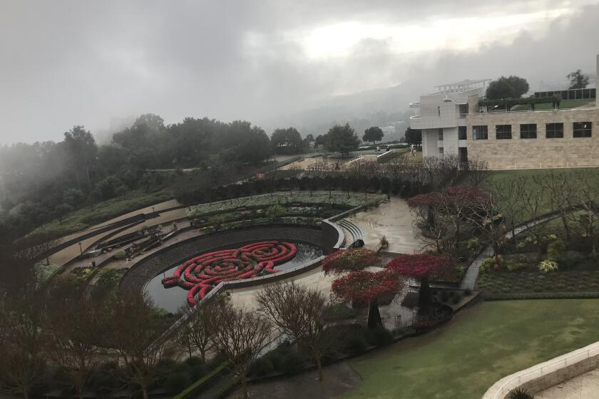 The Getty Center gardens in the fog on Friday, March 13, 2020.