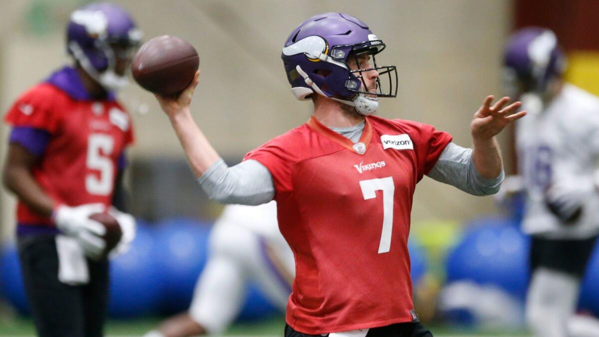 Minnesota Vikings quarterback Case Keenum throws during practice on Thursday for the upcoming NFC championship game in Philadelphia.