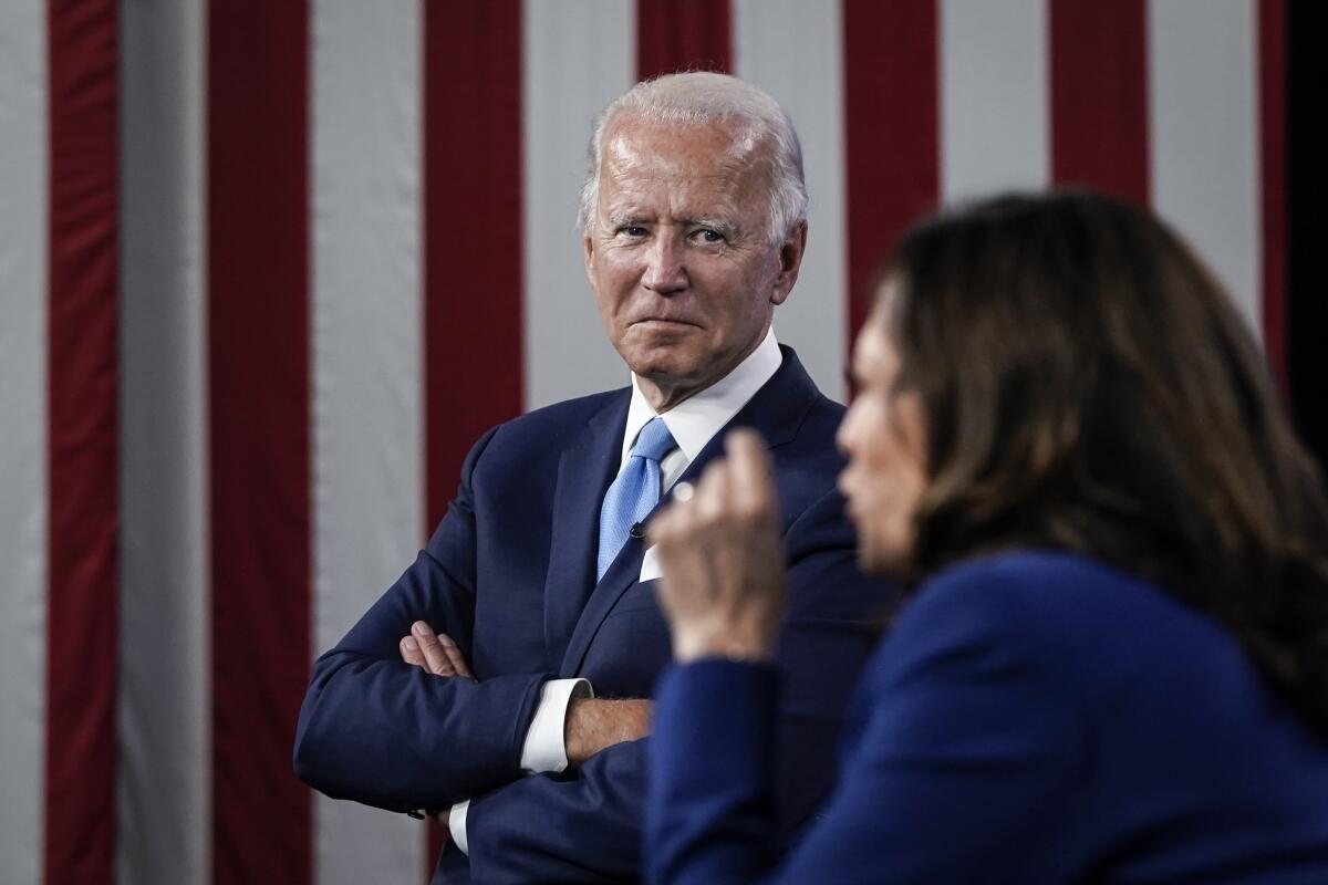 Joe Biden with running mate Kamala Harris during a virtual fundraising event from the Hotel DuPont in Wilmington, Del.