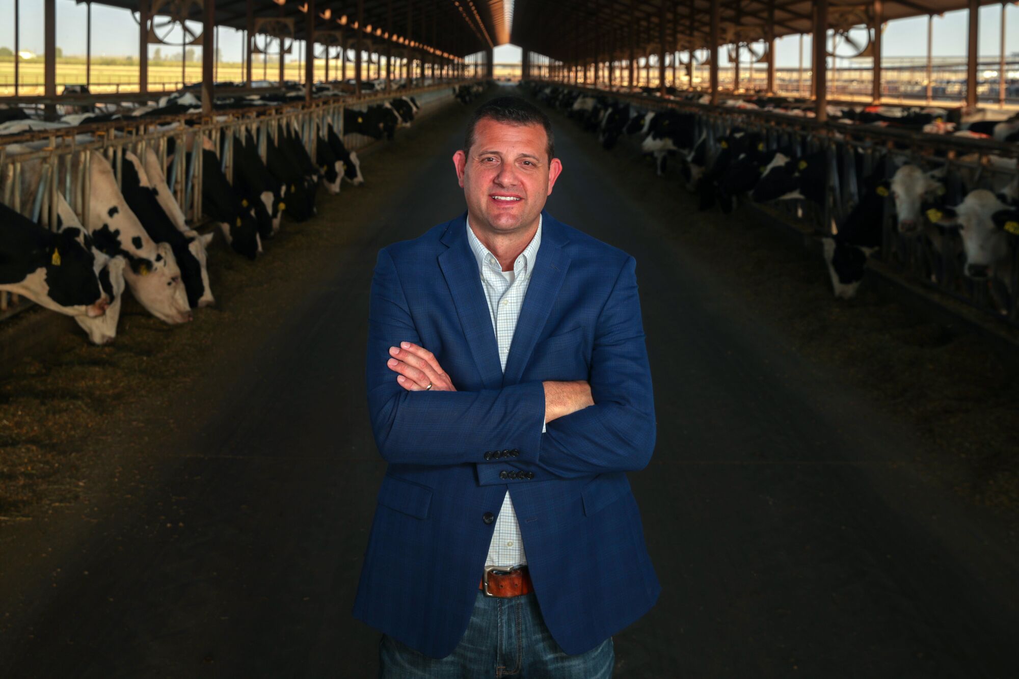 David Valadao stands in between lines of cows at his family's dairy operation.