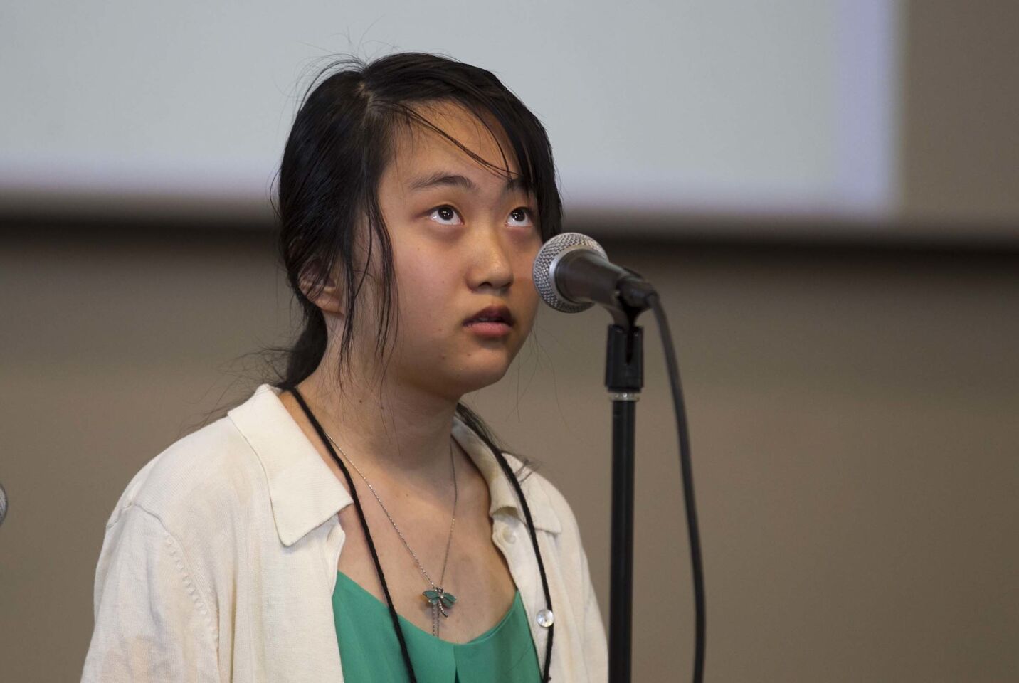 NingXin "Karen" Sun from Mesa Verde Middle School looked to the ceiling while thinking about the spelling of her first round word at the 49th annual San Diego Union-Tribune county wide spelling bee held at Liberty Station.