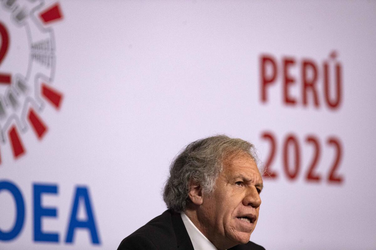 Secretary General of the Organization of American States Luis Almagro speaks during a press conference at the 52nd OAS General Assembly in Lima, Peru, Wednesday, Oct. 5, 2022. (AP Photo/Guadalupe Pardo)