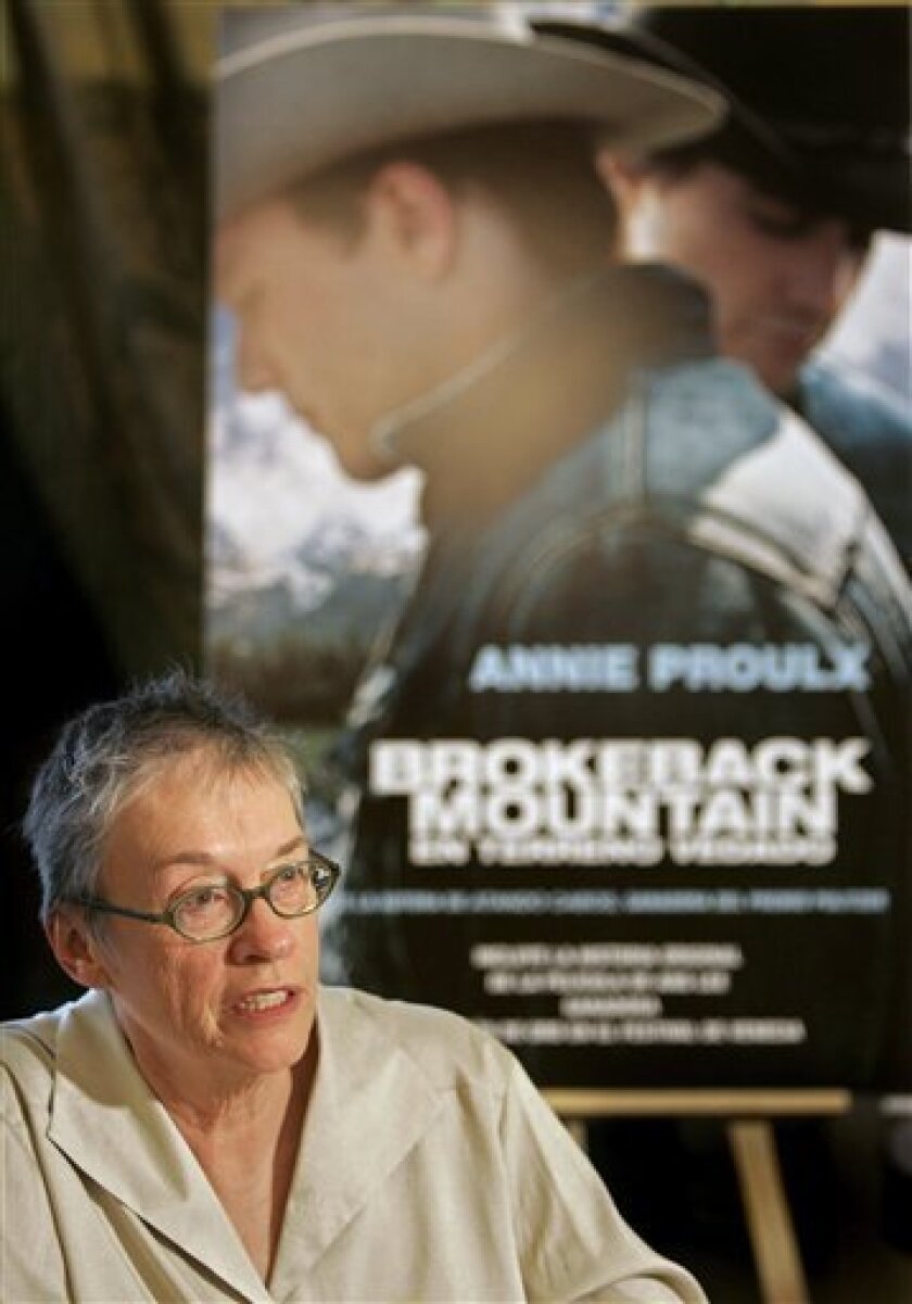 FILE - In this Jan. 26, 2006 file photo, writer Annie Proulx speaks at a news conference in Madrid. (AP Photo/Daniel Ochoa de Olza, file)