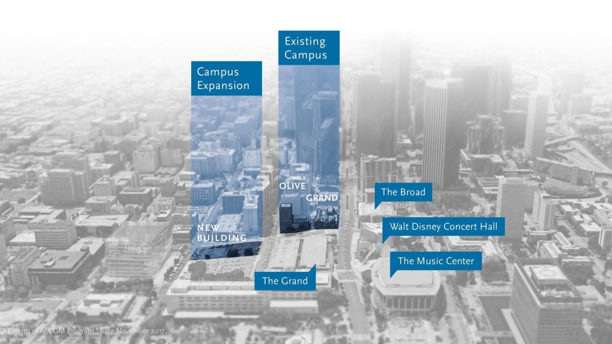 A 3-D map showing where the proposed new Colburn School concert hall would rise. 