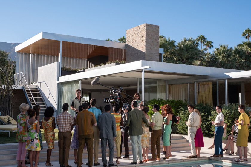 Filming at the Kaufmann Desert House as the film's community gathers for a speech from Frank (Chris Pine).