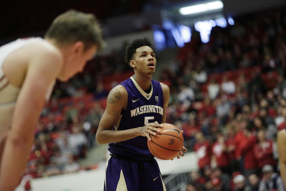 Washington guard Dejounte Murray had 25 points with seven assists in the Huskies' 99-95 victory over Washington State on Jan. 9.