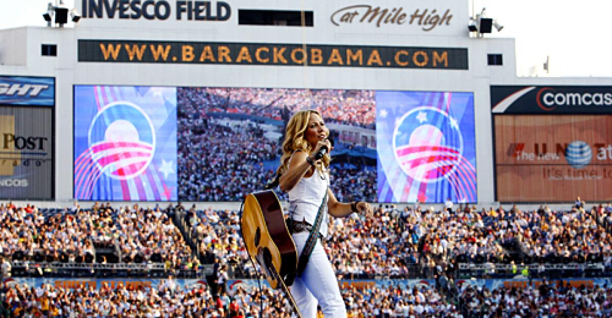 At Invesco Field on Thursday night, Sheryl Crow, Stevie Wonder, John Legend and others warmed up the crowd for Barack Obama.