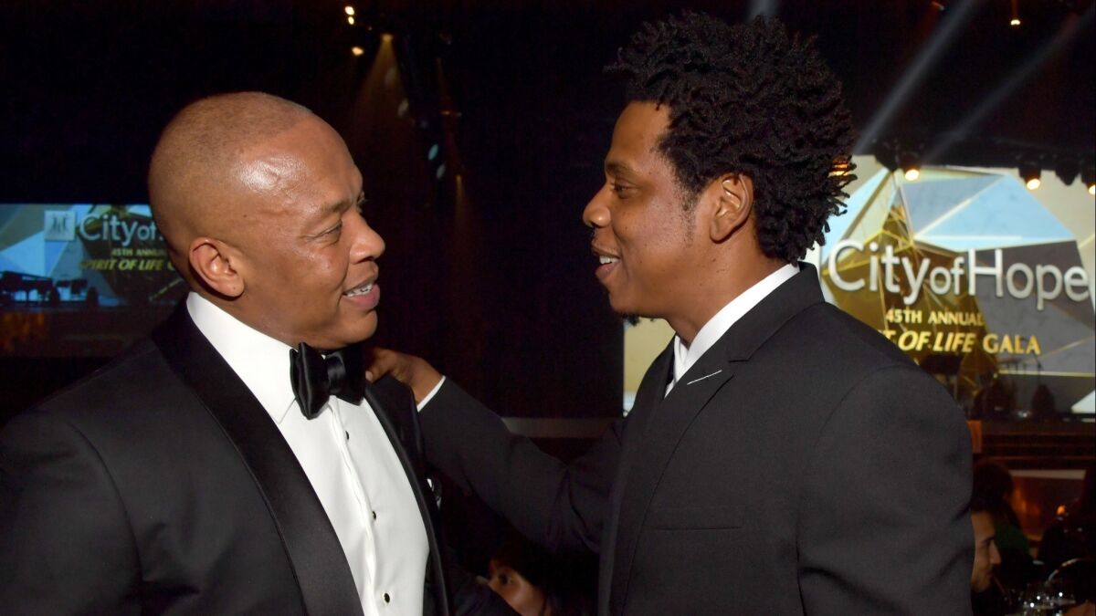 Dr. Dre, left, and Jay-Z at the City of Hope Spirit of Life gala.