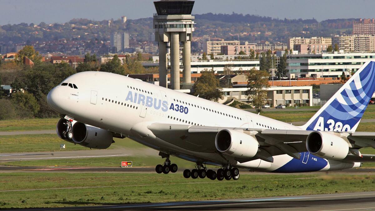 An Airbus A380 takes off from the Toulouse-Blagnac airport.