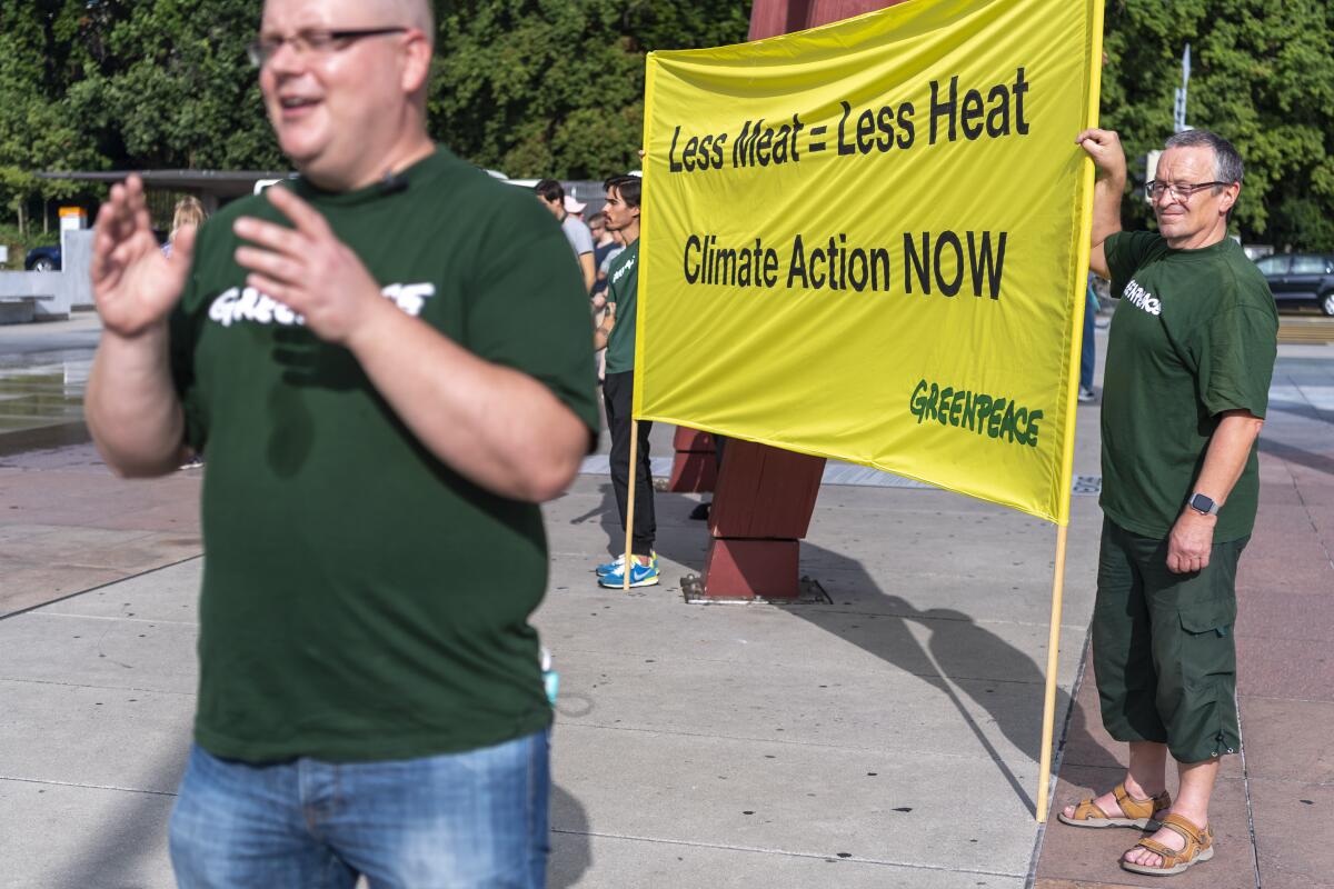 Greenpeace activists hold a banner in front of the United Nations before the IPCC released its report on land use.