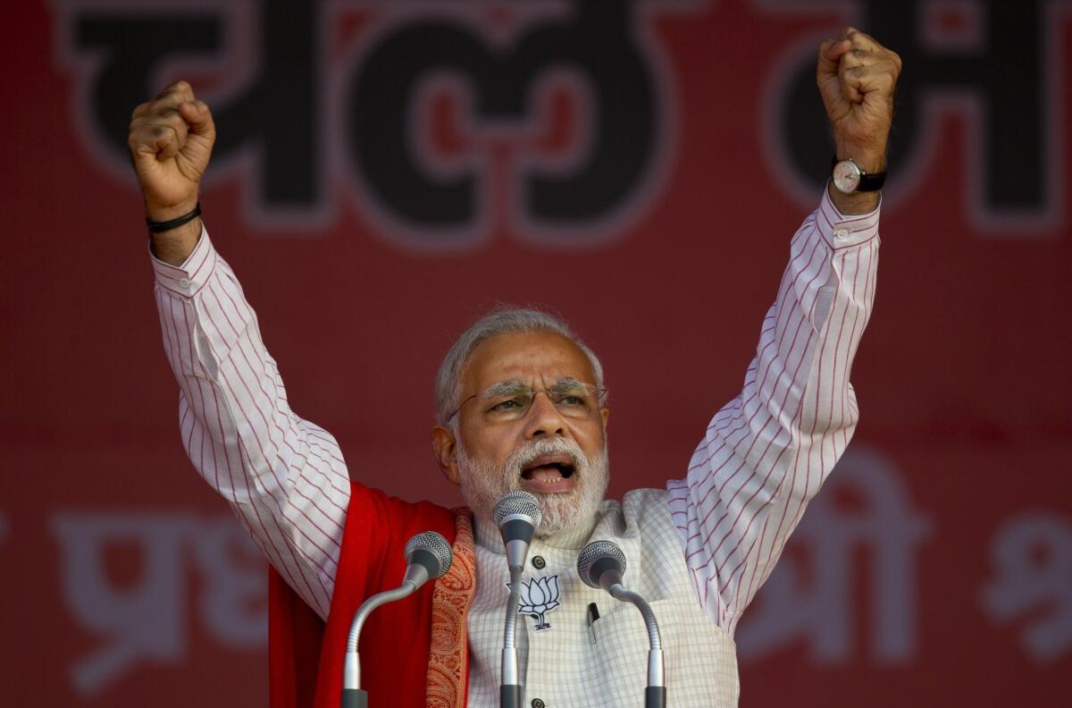 The party of Indian Prime Minister Narendra Modi, shown at an election rally in February, says it has surpassed the Chinese Communist Party to become the world's largest political organization.