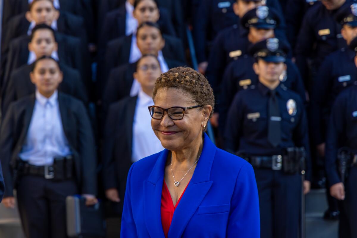 Mayor Karen Bass meets police officers graduating class and new recruits at LAPD Police Academy.