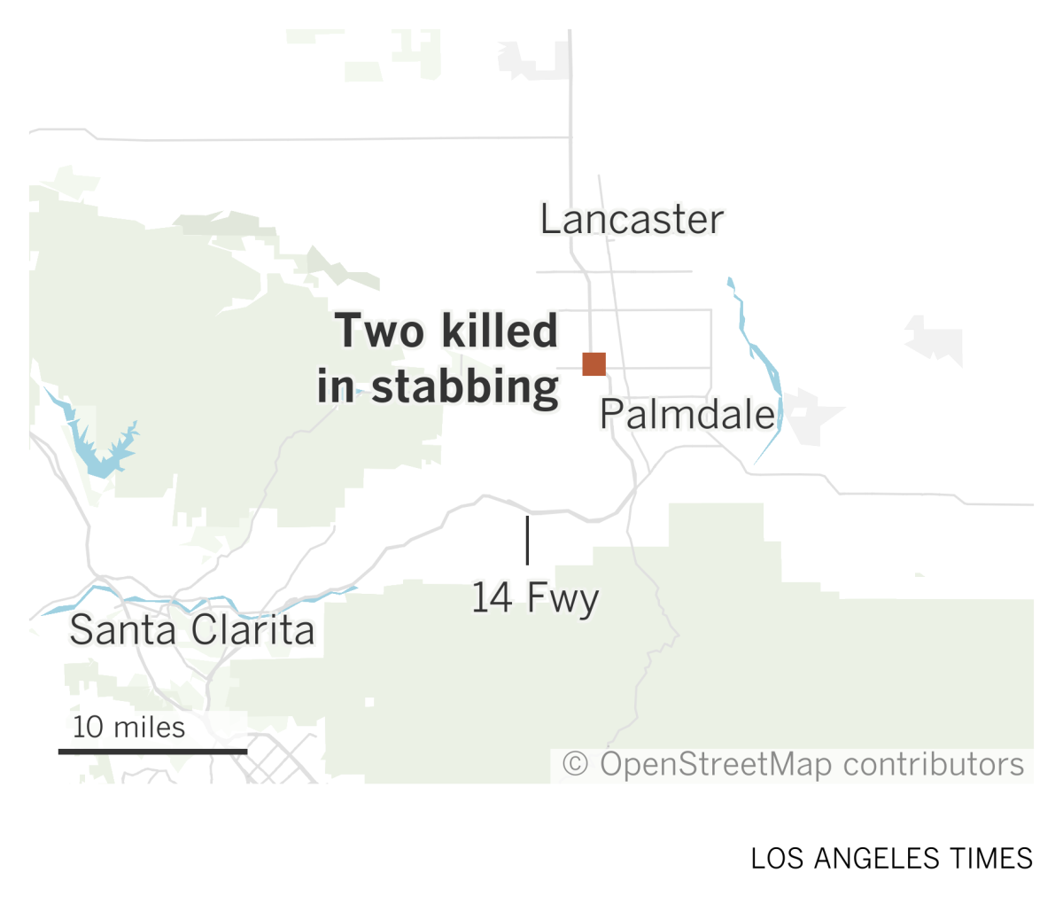 A map of the Antelope Valley shows where two people were killed in a stabbing in Palmdale