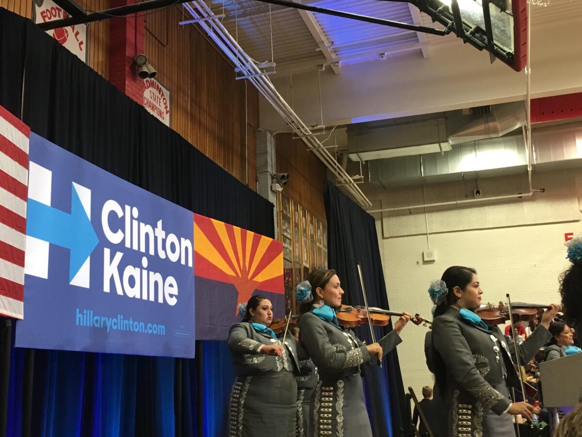 Mariachi Pasion performs before Vermont Sen. Bernie Sanders stumps on behalf of Hillary Clinton in Phoenix on Sunday.