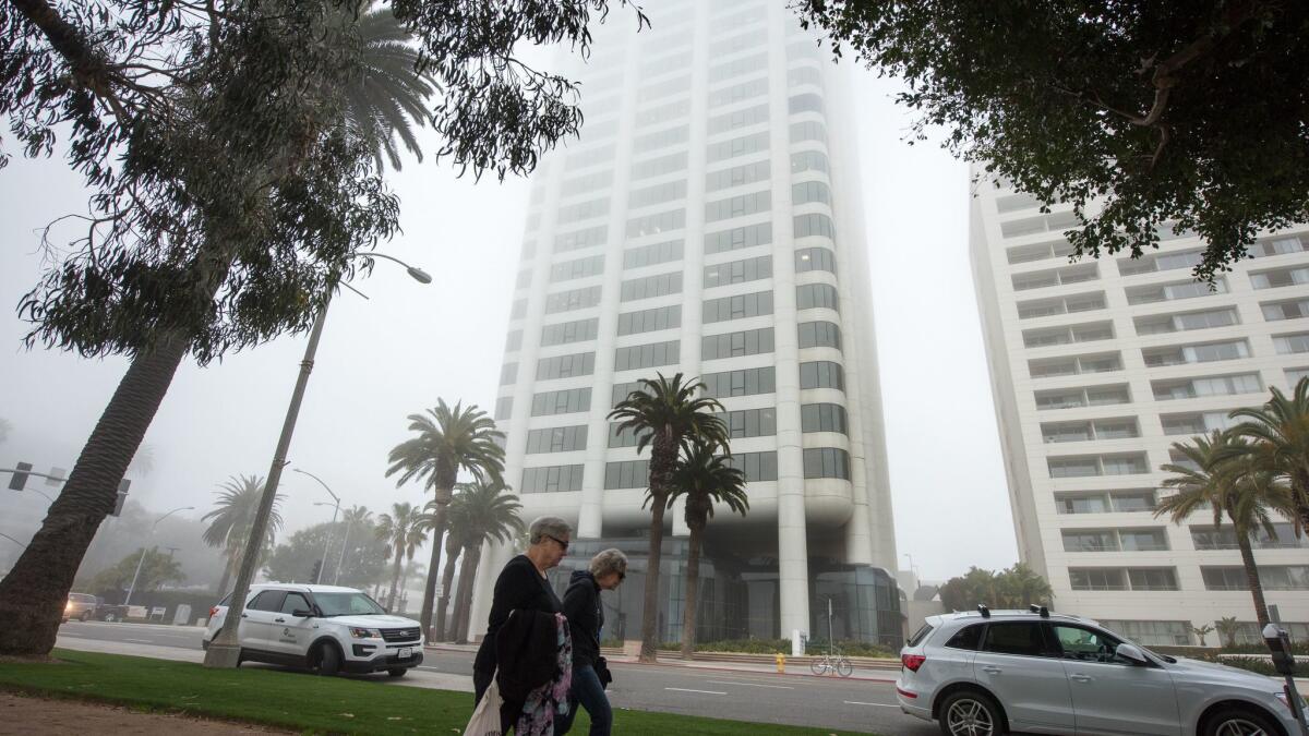 A 21-story building, listed by the city as concrete, could be required to undergo a seismic evaluation if the City Council passes a new law. There are 64 suspected brittle concrete buildings in Santa Monica, according to the city. (Michael Owen Baker / For The Times)