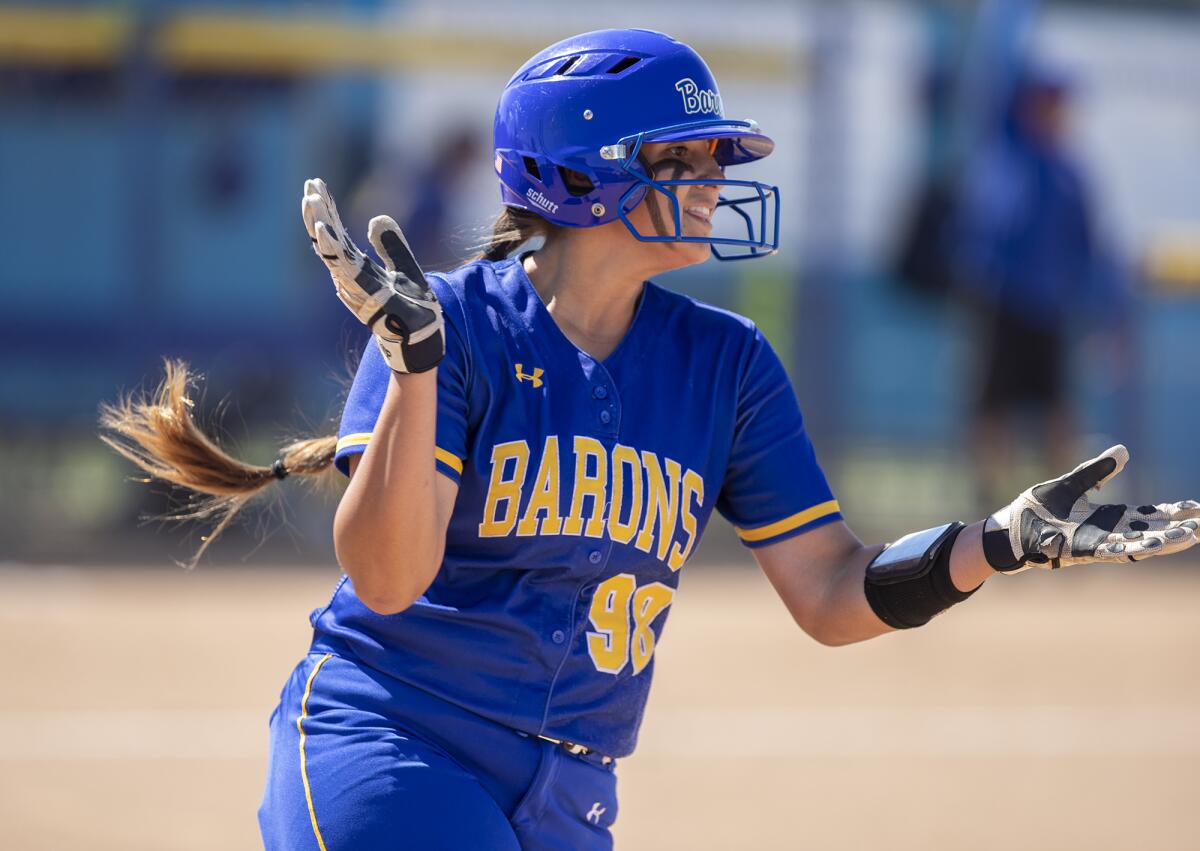 Fountain Valley's Makenzie Butt celebrates after hitting a home run in the second inning against San Marino  on Thursday.