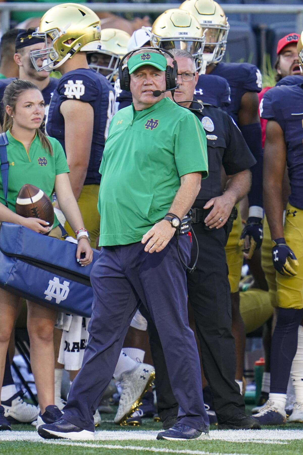 Notre Dame coach Brian Kelly on the sideline during the second half Sept. 18, 2021. 
