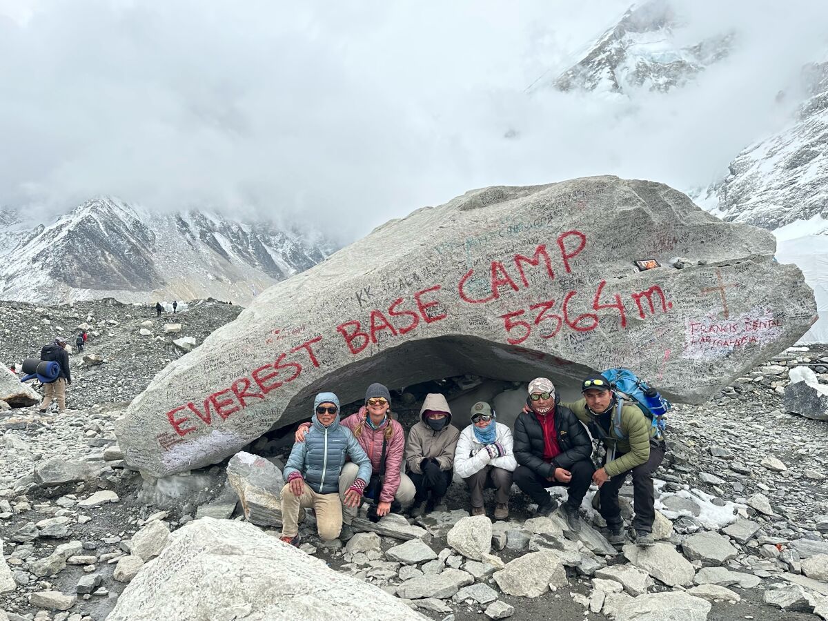 La Jolla Country Day School student Lexi Gallo (third from left) joins other hikers at the Mount Everest Base Camp in April.