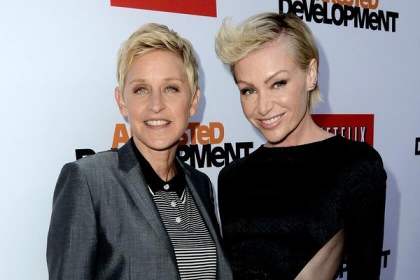 Ellen DeGeneres, left, and actress Portia de Rossi are adding a 13-acre estate in Montecito to their list of Southern California properties. Above, they attend the premiere of Netflix's "Arrested Development" Season 4 at the Chinese Theatre.