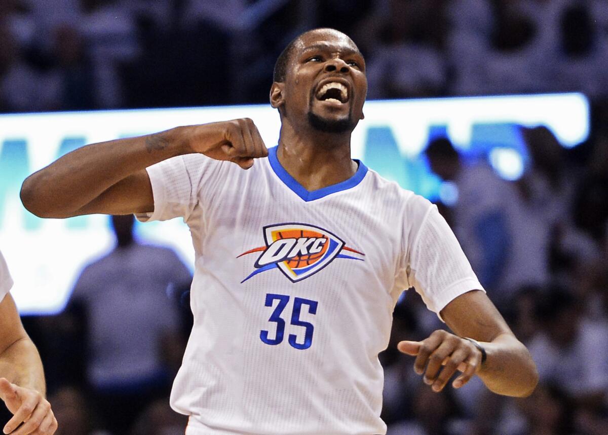 Kevin Durant reacts during a Thunder playoff game against Dallas on April 18.