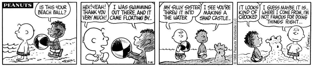 Four panel, black and white comic strip of Charlie Brown and Franklin Armstrong at the beach.