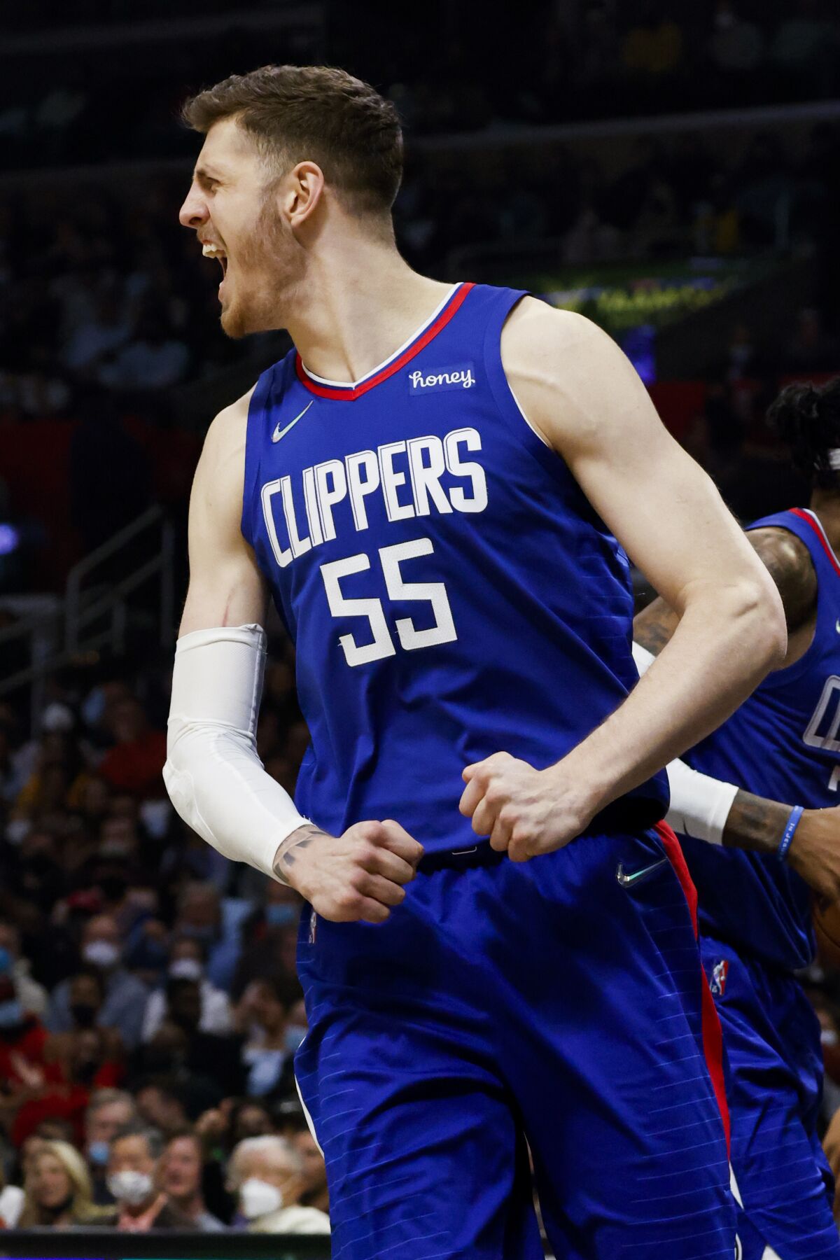 Clippers center Isaiah Hartenstein reacts after a play.