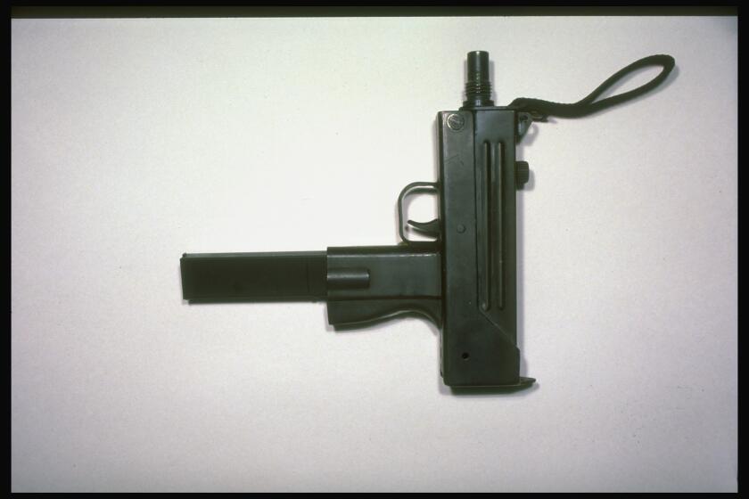 MAC-10, $475 20-round, 9-mm semiautomatic handgun, assault pistol easily converted to machine gun, made by S.W.D. Industries of Atlanta, GA. (Photo by William F. Campbell/Getty Images)