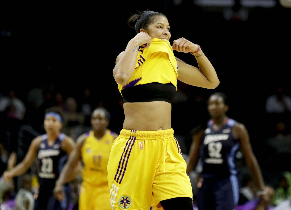 Sparks forward Candace Parker reacts after she was called for a foul during the second half of a game against the Atlanta Dream on Sept. 8.