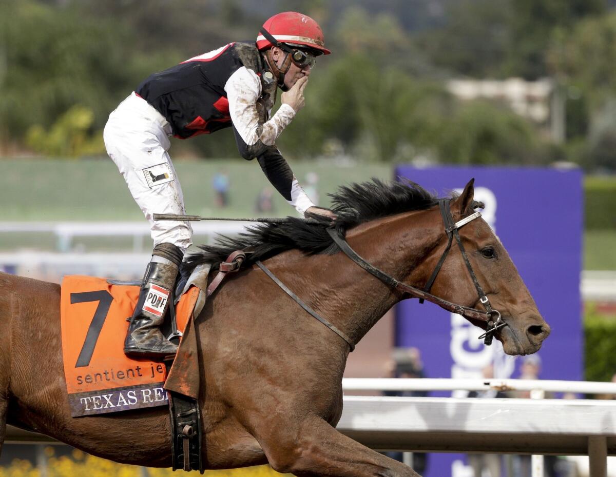 Jockey Kent Desormeaux reacts after guiding Texas Red to victory in the Breeders' Cup Juvenile on Nov. 1 at Santa Anita Park.