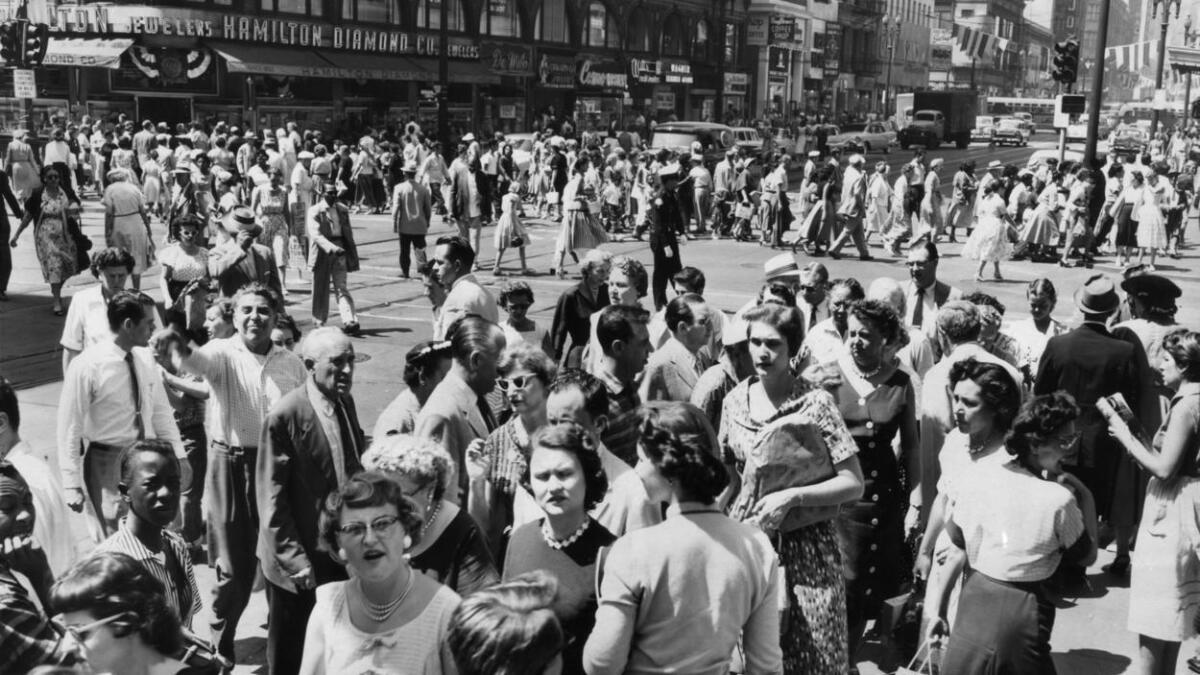 Shoppers at 7th Street and Broadway, 1956.