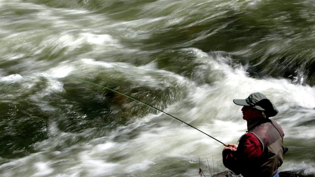 In this 2008 photograph, a man fishes for trout against a backdrop of rushing rapids on the Kern River.