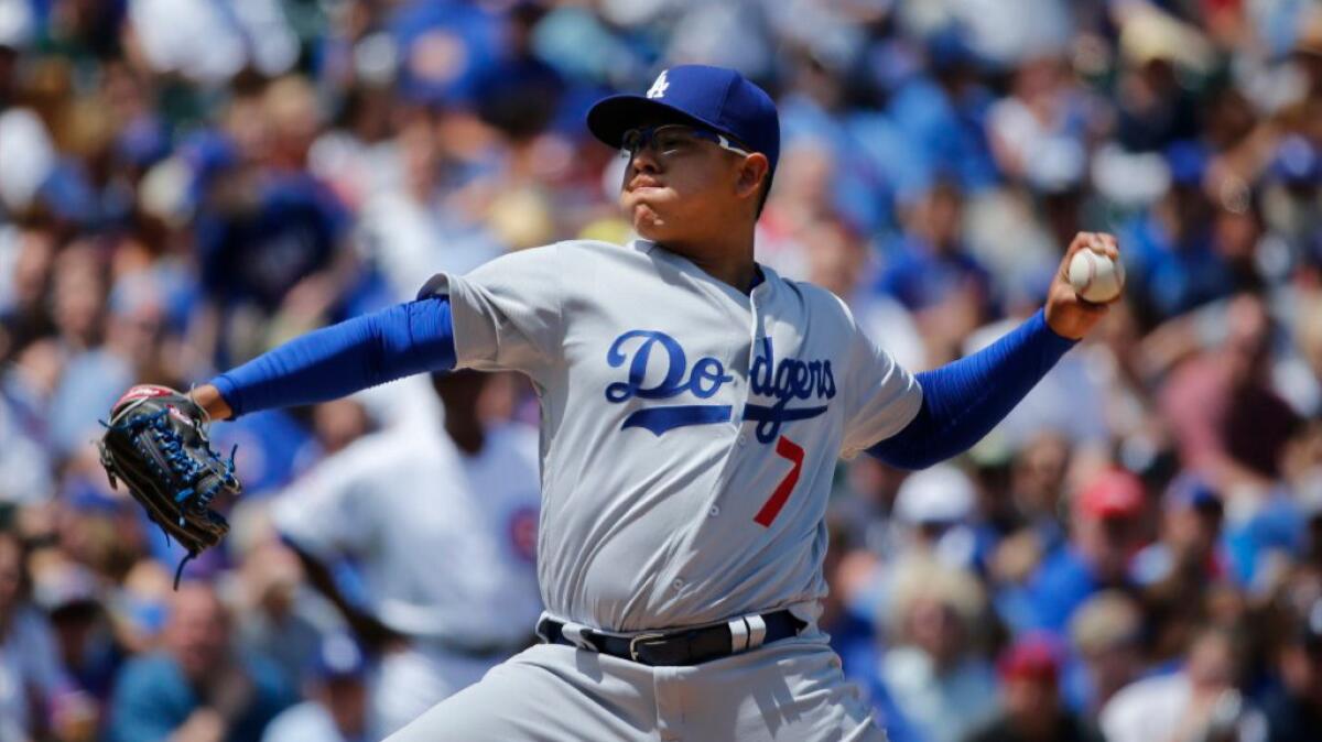 Dodgers rookie Julio Urias delivers a pitch against the Chicago Cubs during a game on June 2.