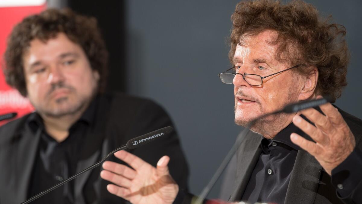German director Dieter Wedel, right, appears with the artistic director of the Bad Hersfeld festival, Joern Hinkel, at a news conference on the theater festival on Nov. 21, 2017.
