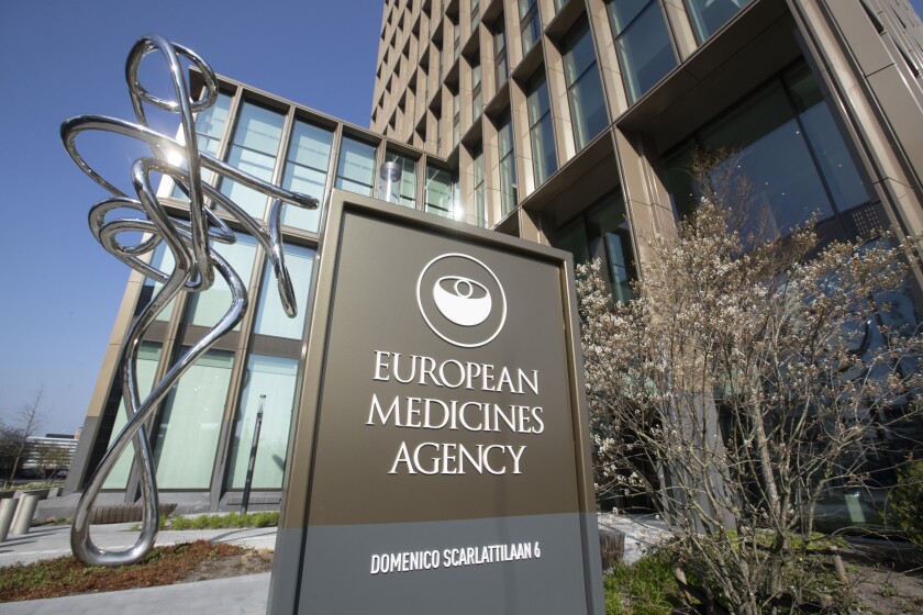 FILE - Exterior view of the European Medicines Agency, EMA, in Amsterdam's business district, Netherlands, on April 20, 2021. The European Union drug regulator said Thursday, Dec. 2, 2021 it has started a rolling review of a new coronavirus vaccine made by French startup Valneva, the first step toward giving the vaccine the green light to be used in the 27-nation bloc. Approval by the European Medicines Agency would add another vaccine to the EU’s armory against the global pandemic as the bloc is ramping up booster shots and some countries begin preparing to deliver shots of Pfizer’s vaccine to children aged 5 to 11 years. (AP Photo/Peter Dejong, File)
