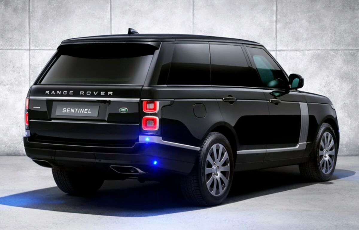 View of the rear and passenger side of the 2020 Range Rover Sentinel