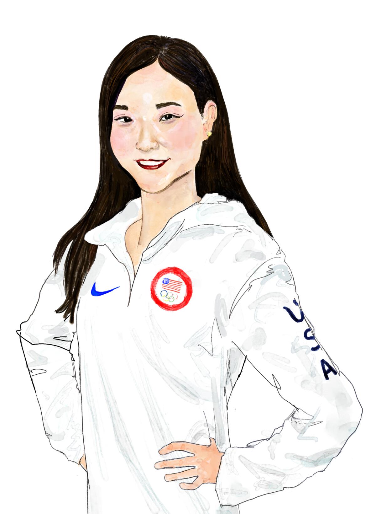 Illustration of U.S. figure skater Mirai Nagasu in her Olympic jacket