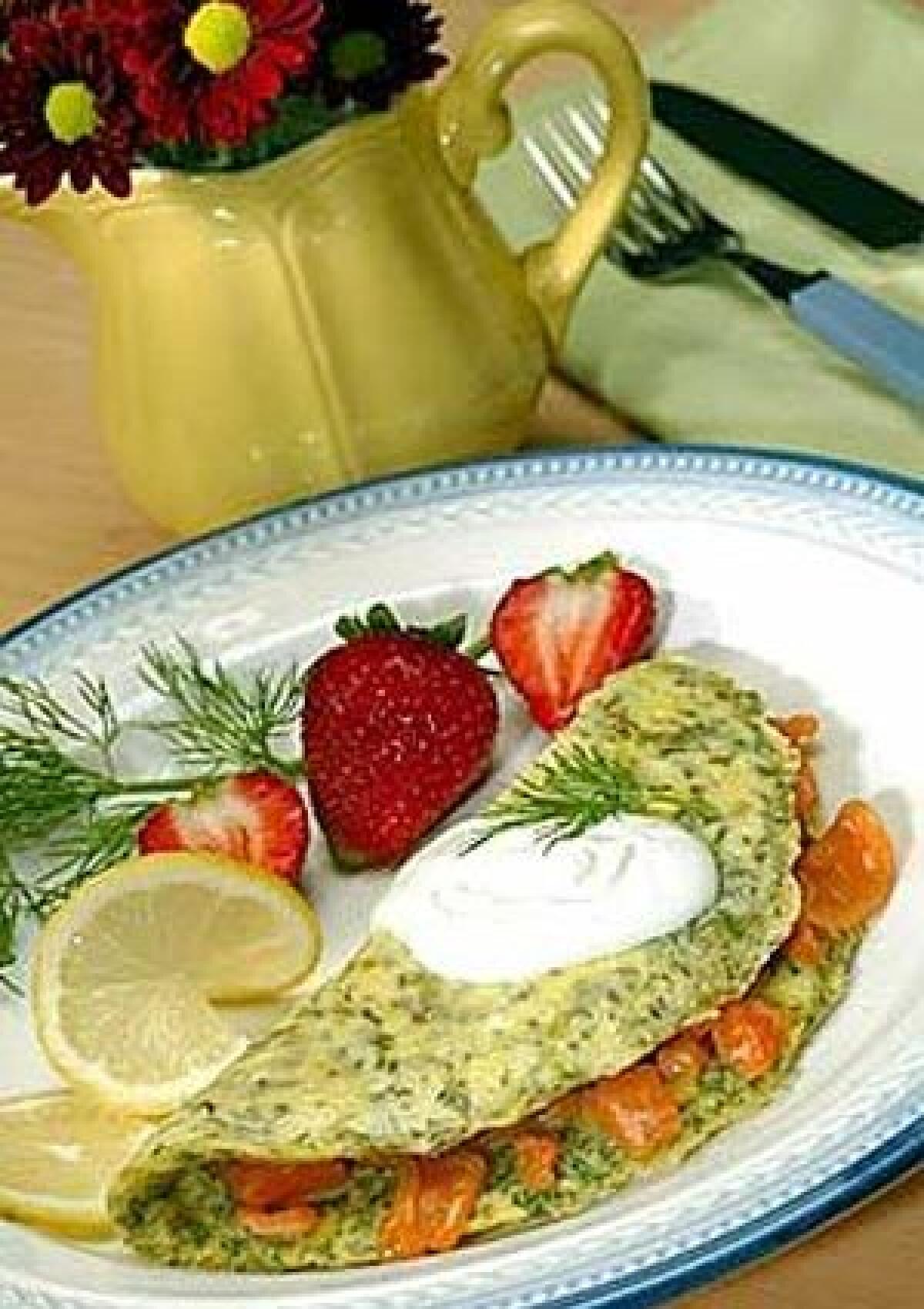 Chef John Gladishs lemon dill omelet reinterprets a smoked salmon scramble or frittata with a shift in the flavor emphasis of the ingredients. The lemony top note is offset by the smoky salmon and bright dill.