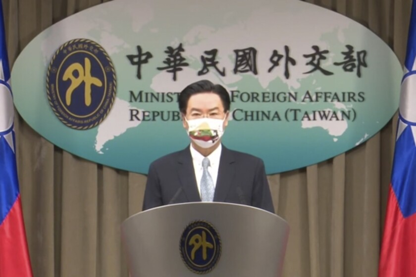 In this image taken from a video footage run by Taiwan's Ministry of Foreign Affairs via AP Video, Joseph Wu, Taiwan Foreign Minister speaks about exchanging representative offices with Lithuania during a press briefing in Taipei, Taiwan, Tuesday, July 20, 2021. (Taiwan's Ministry of Foreign Affairs AP Video)