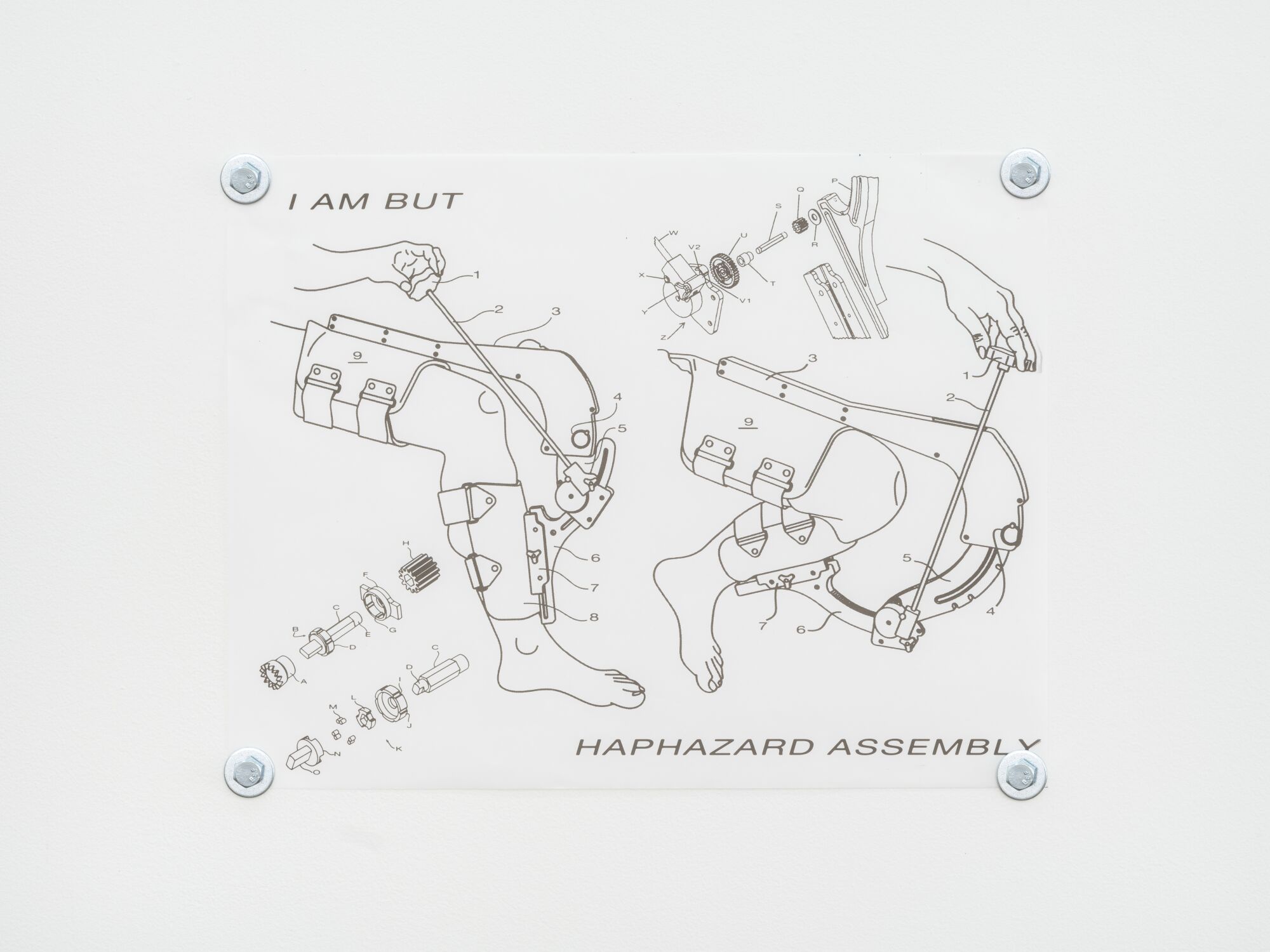A diagram of body parts by Abareshi with the words "I am but haphazard assembly."