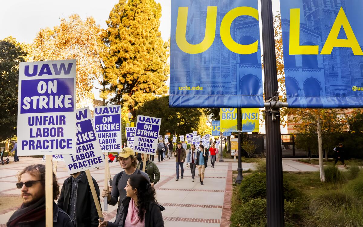 Demonstrators picket at UCLA with signs.