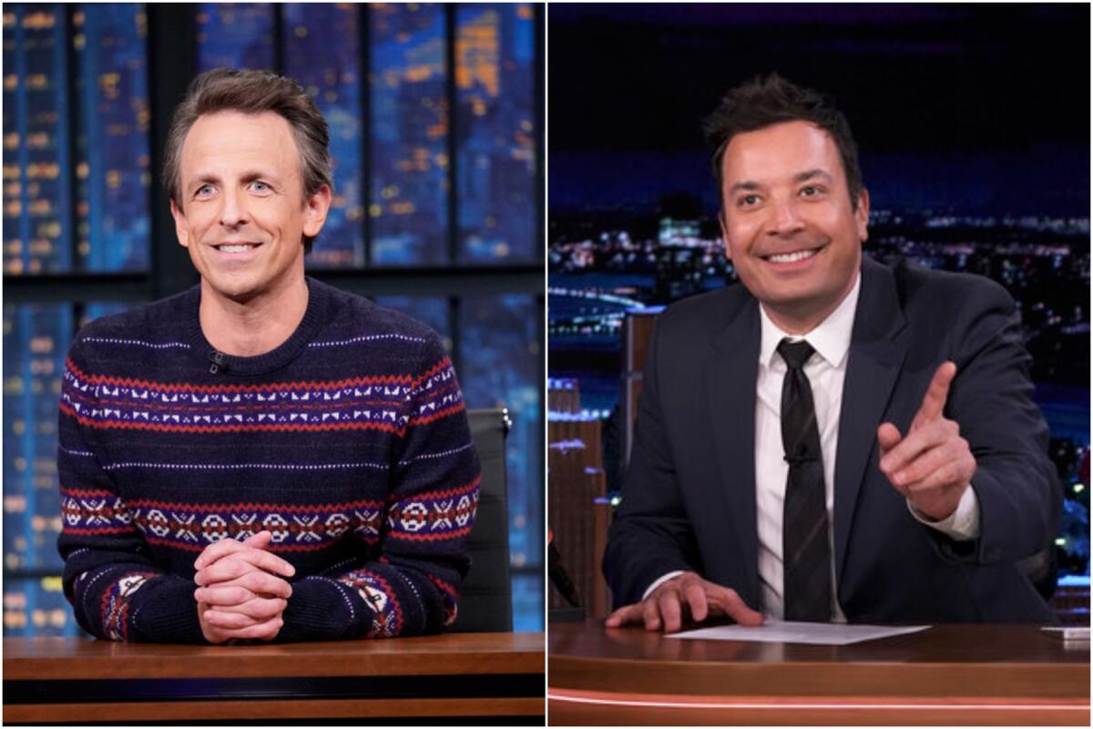 A split image of a man in a sweater sitting at a desk and a man in a suit sitting at a desk