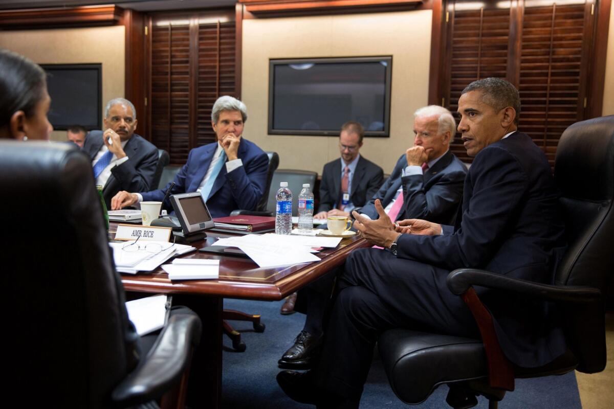 President Obama discusses the situation in Syria with his national security team in the Situation Room of the White House.